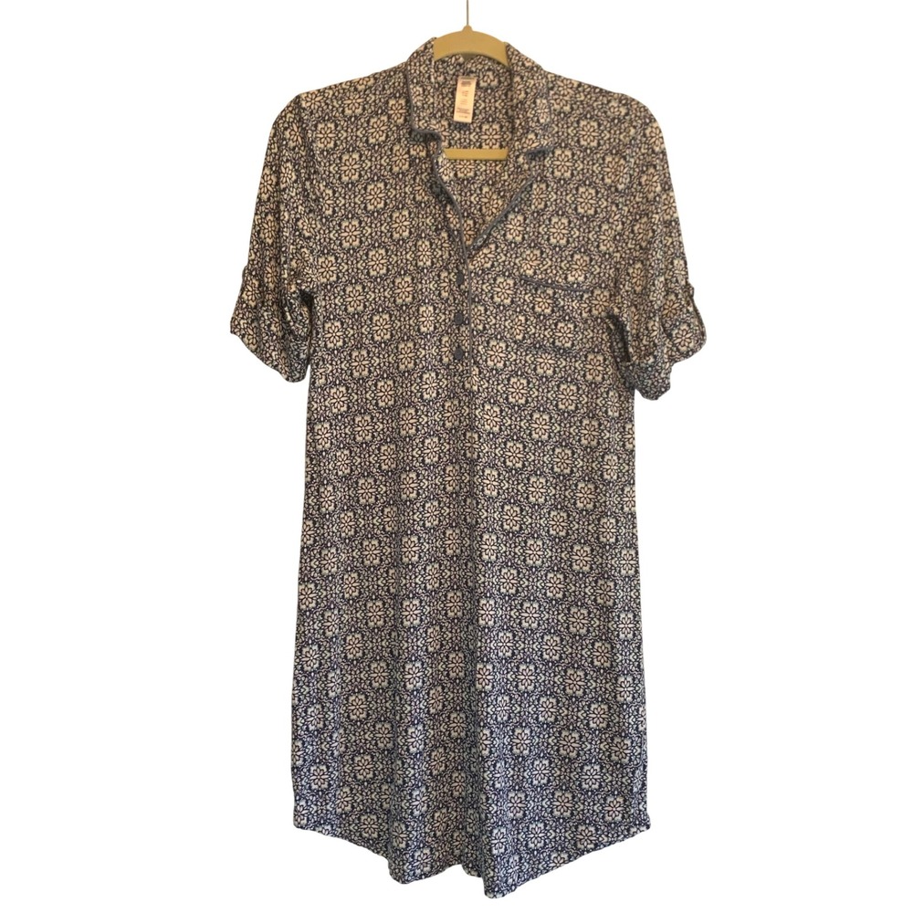 Jockey Floral Medallion Soft Nightshirt Size S Blue White Button Front Pajamas